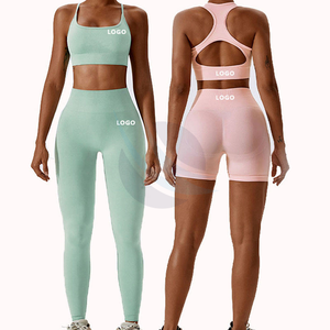 Teal Three Piece Solid Yoga <b>Set</b> <b>Square</b> Neck Halter Long Sleeve High Waist Seamless Leggings Cut-Out Design Front Logo for Women - Product Image 3