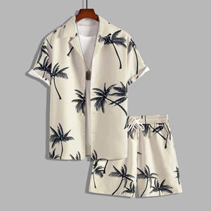 Ensemble décontracté homme été Hawaï tendance imprimé 100% fibre de bambou écologique tissé 370g – Short et chemise motif palmier floral plage - Product Image 1