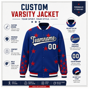Custom Blue Varsity <b>Jacket</b> With <b>Red</b> Stars Print Men's Preppy Style Baseball <b>Jacket</b> Personalized Name And Number Autumn Wear - Product Image 1
