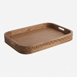 Ensemble de plateaux en bois perlé modernes avec poignées, plateau de service décoratif en bois massif pour table basse, en promotion - Product Image 2