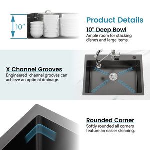 Fregadero de cocina negro hecho a mano de 33x22 pulgadas, de un solo tazón, para montaje sobre encimera, con gancho de desagüe estándar de EE. UU. (No se envía los fines de semana) - Product Image 2