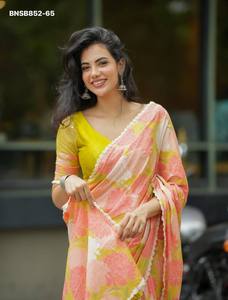 Magnifique ensemble sari et chemisier en lin doux imprimé numériquement, idéal pour les occasions spéciales – Mode féminine, exportateur, vente en gros - Product Image 2