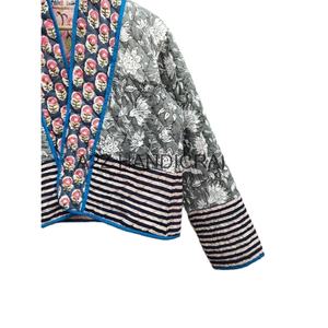 Chaqueta de algodón acolchada de último diseño 2024, chaquetas de retazos acolchadas con estampado de bloques a mano para mujer, a la venta, multicolor con borde crudo - Product Image 4