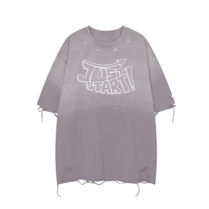 Camiseta Unisex Verde Oliva Oversize con Detalles Recortados y Estampado 'Just Start', Cuello Redondo, Corte Holgado, Estilo Urbano, OEM - Product Image 2