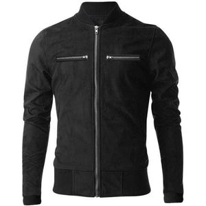 Men's <b>Suede</b> Bomber <b>Jacket</b> Moto <b>Biker</b> Style Zipper Closure Turn-down Collar Regular Sleeve Solid Color Autumn Wear Slim Fit - Product Image 6
