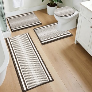Striped Cotton Bath <b>Mat</b> <b>Set</b> 3-Piece Rectangle Non-Slip Braided Modern Design for Home Use - Product Image 1