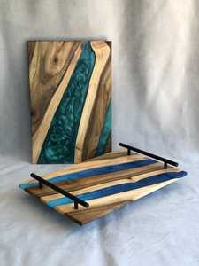 Handcrafted Ocean Blue <b>Epoxy</b> Resin Wooden Serving Tray with Durable Gold Metal Handles for Kitchen, <b>Coffee</b> <b>Table</b> & Gift Giving - Product Image 3