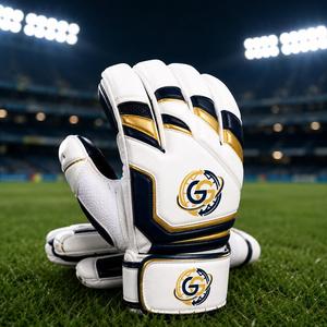 <b>White</b> Ambidextrous <b>Cricket</b> Gloves Navy Gold Accents Double-Stitched PU Leather Breathable Design Light Weight 13-16mm Thickness - Product Image 3
