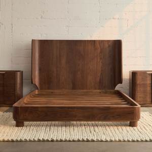 Solid Teak Wood <b>Bed</b> <b>Frame</b> Wingback Curved Headboard Modern <b>Platform</b> <b>Bed</b> with Cylindrical Feet - Product Image 1