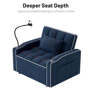 Fauteuil-lit escamotable en velours côtelé avec oreiller, porte-gobelet en acier inoxydable brossé, support de téléphone et port de chargement USB pour salon - Product Image 4