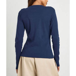 Women's <b>Blue</b> Long Sleeve Crew Neck Knitted <b>Crop</b> <b>Top</b> Slim Fit Casual Breathable Spandex Cotton Blend Spring T shirt for women - Product Image 3