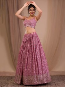 Pink Organza Lehenga Choli Beading <b>Sequins</b> Floral Print Traditional A-Line Floor-Length Bridesmaid Dress Sweetheart Neckline - Product Image 3