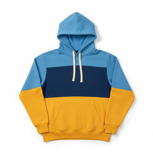 Sweat à capuche unisexe personnalisé avec logo, coloris bleu ciel, marine et moutarde, en molleton doux mélangé coton, avec poche kangourou - Product Image 1