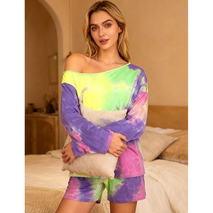 Conjunto de 2 piezas de pantalones cortos Tie Dye para mujer, cuello en V, manga corta, ajuste holgado, informal, de algodón, para primavera y verano - Product Image 5