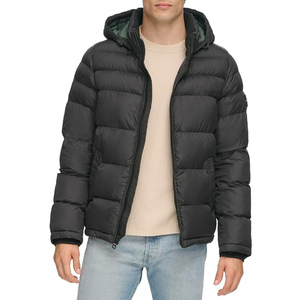 <b>Men's</b> <b>Black</b> Hooded Puffer Jacket Windproof Polyester Winter <b>Coat</b> Casual Style Regular Fit Thick Filling Zipper Closure - Product Image 1
