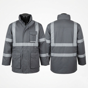 Unisex Security <b>Jacket</b> Premium <b>Waterproof</b> Hooded Polyester Cotton Canvas 300 GSM Reflective Tape <b>Grey</b> Workwear Cargo Front - Product Image 1
