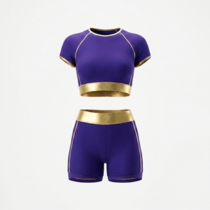 ชุดออกกำลังกายผู้หญิงสไตล์มินิมอล Govenza 2025 สีม่วงรอยัลทอง เสื้อครอปท็อป กางเกงขาสั้นเอวสูง ไร้ตะเข็บ ซับเหงื่อ แห้งเร็ว กระชับรูปร่าง - Product Image 1