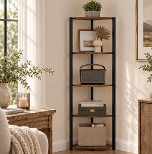Modern Wooden Etagere Shelf 5-Tier Freestanding <b>Bookcase</b> Storage Rack for Living Room Home Furniture <b>Rustic</b> Design - Product Image 4