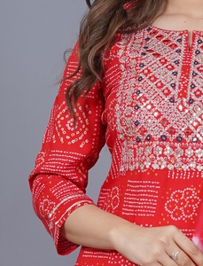 <b>Women</b> Red Bandhani Printed Embroidery Work Yoke On Neck Kurti with , 3/4 Sleeves Casual Ethnic Wear Straight <b>Kurta</b> - Product Image 6
