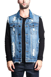 <b>Men's</b> <b>Light</b> Blue Denim Vest Turn-down Collar Single Breasted Frayed Casual Washed Cotton Spring Style - Product Image 2
