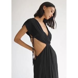 Mono largo de lino negro para mujer, cuello en V, manga abullonada, diseño hueco, ajuste holgado, estilo minimalista, ropa de playa para primavera y verano - Product Image 2