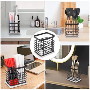 Modern Black Metal Toothbrush <b>Holder</b> with Marble Base Bathroom Countertop Organizer <b>Toothpaste</b> and Electric Toothbrush Storage - Product Image 2