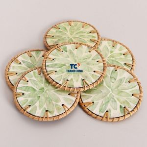 Posavasos Ecológicos de Ratán con Incrustaciones de Madreperla, Diseño Floral Verde Menta, Estilo Mosaico Clásico, para Hogar y Restaurante, Disponibles en Stock - Product Image 1