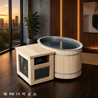 Baignoire de trempage froide moderne en bois thermoformé avec revêtement en acier inoxydable, design ovale compact pour la détente et le bien-être en extérieur