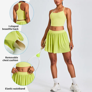 Ensemble de tennis pour femme : Haut court dos nageur, jupe-short plissée, coussinets de poitrine amovibles. Vêtements de sport. OEM ODM Logo personnalisé Vente en gros. - Product Image 2