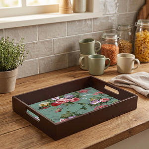 Plateau de service floral élégant Cadre en bois fabriqué à la main Bouquet vibrant Design Décoration intérieure élégante - Product Image 1