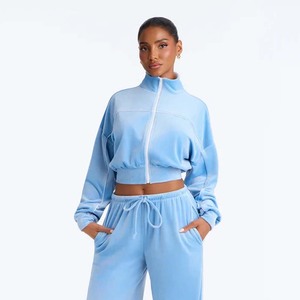Women's <b>Burgundy</b> Velour <b>Cropped</b> Track Jacket With White Stripe Zipper Stand Collar Full Sleeve Casual Autumn Wear - Product Image 6