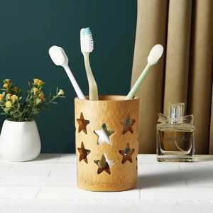 Wooden dual tier cylindrical <b>toothbrush</b> and toothpaste <b>holder</b> stand bathroom accessories organizer eco friendly storage - Product Image 1