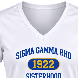 เสื้อยืดออกกำลังกายคอกวีสำหรับผู้หญิง Sigma Gamma Rho แบบสั่งทำพิเศษสำหรับชมรมนักศึกษากรีก เสื้อยืดกีฬาแขนสั้นสำหรับออกกำลังกายและฟิตเนส ขายส่ง - Product Image 3