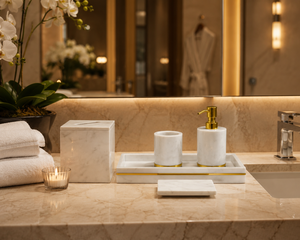 Elegante Juego de Baño Moderno de Cinco Piezas de Mármol Natural Ecológico: Bandeja Rectangular, Jabonera, Vaso, Dispensador y Soporte para Hisopos Fácil de Instalar - Product Image 1