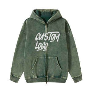 Men Oversized Acid Washed Hooded Custom Logo 100% Cotton Green Zipper Hoodie Oversized Solid Pattern Distressed Custom logo - Product Image 5