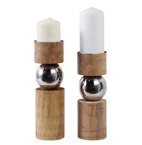 Porte-bougie décoratif en bois avec accent sphérique en métal, support de bougie moderne pour table, décoration de salon, lot de 2 - Product Image 1