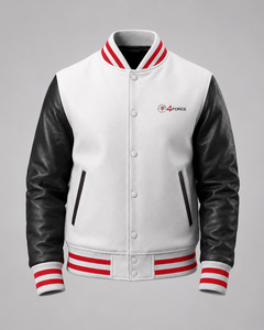 <b>Men</b> <b>White</b> Varsity <b>Jacket</b> With Black PU Leather Sleeves Embroidered Logo Front Button Closure Casual Autumn Wear Varsity <b>jacket</b> - Product Image 1