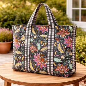 Sac fourre-tout matelassé en coton noir à imprimé floral et oiseaux, style bohème, imperméable, grande capacité, réutilisable, écologique, pour le shopping - Product Image 1