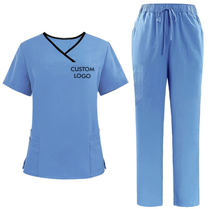 Unisex Elastic Wrinkle Resistant Breathable Medical <b>Scrub</b> Suit Multi-Pockets Two Pieces Set V-neck Short Sleeve Nurses Uniform - Product Image 1
