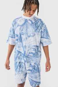 Men's Blue White Printed Polyester Stand <b>Collar</b> <b>T</b>-<b>Shirt</b> Shorts Set Breathable Color Blocking Digital Printing Casual Summer Wear - Product Image 6