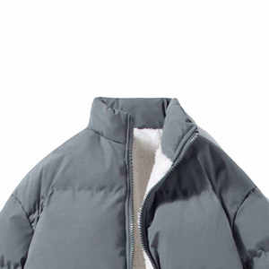 Men's Gray Puffer <b>Jacket</b> Stand Collar Zipper Closure Quilted Windproof Thick Winter Coat Casual Loose Fit Sherpa Lining - Product Image 2