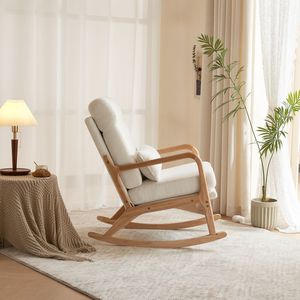 Sedia a dondolo da interno in legno massello color legno naturale con schienale alto, cintura, cuscino lombare, braccioli, schienale e seduta, struttura in ferro - 100*65*101cm - Product Image 3