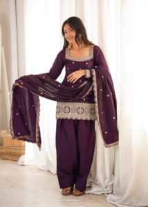 Designer Glass Roman Silk Fabric With Embroidery Sequence Dori And Jari Work <b>Top</b>, Dupatta Set With Farshi Salwar Ready To Wear - Product Image 1