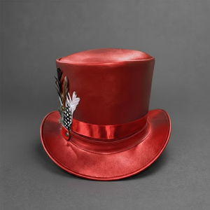 Premium quality custom made Handmade Red Leather <b>Top</b> Hat With <b>Feathers</b> Steampunk Victorian Festival Cosplay Hat - Product Image 1
