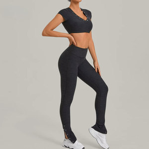 Women 2 Piece Yoga Set V Neck Crop Top High Waist <b>Leggings</b> Solid Color Breathable Spandex/Nylon Front Logo Workout Wear - Product Image 2
