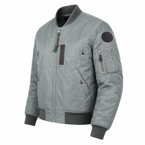 Gray Bomber Jacket Full Sleeve Zipper Closure Stand Collar <b>Quilted</b> Polyester Woven Silk Finished Autumn Winter Men's Outerwear - Product Image 2