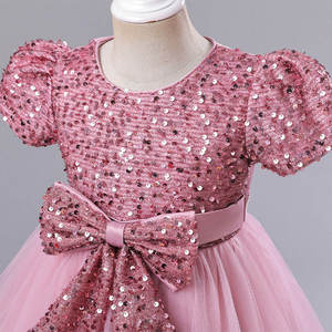 With Puff Sleeves Big Bow And Layered <b>Tulle</b> <b>Skirt</b> Pink Sequin Flower Girl Dress Wholesale Premium Birthday Party Gown For Kids - Product Image 5