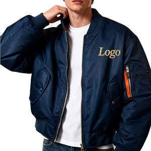 Men's Navy Blue Bomber Jacket Zipper Closure Stand Collar Waterproof Windproof Classic Fit Polyester Material Autumn Wear - Product Image 2