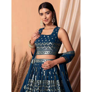 Charming Blue <b>Sequins</b> Georgette Lehenga Choli for Women Sangeet Wear - Product Image 5