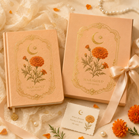 LABON Journal de luxe en cuir végétalien texturé, motif abricot, marigold et lune, avec estampage à chaud doré céleste, collection Récolte d'automne chaleureuse